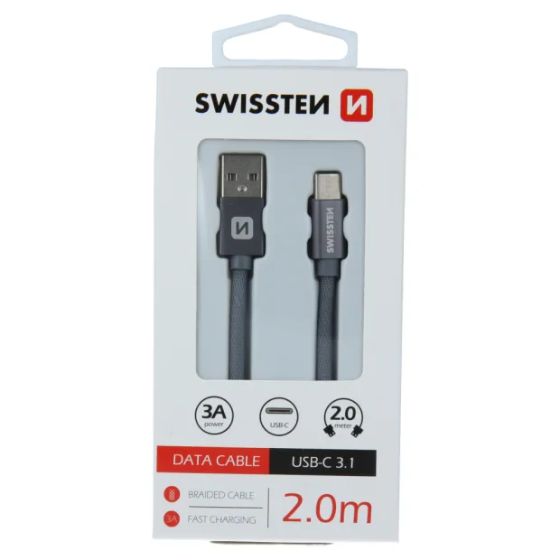 Cablu de date Swissten textil textil USB / USB-C 2,0 m gri