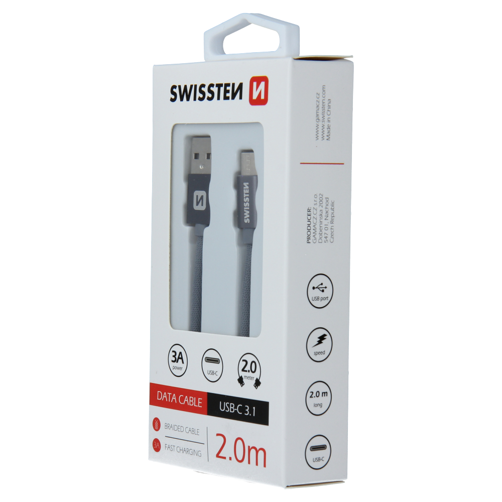Cablu de date Swissten textil textil USB / USB-C 2,0 m gri thumb