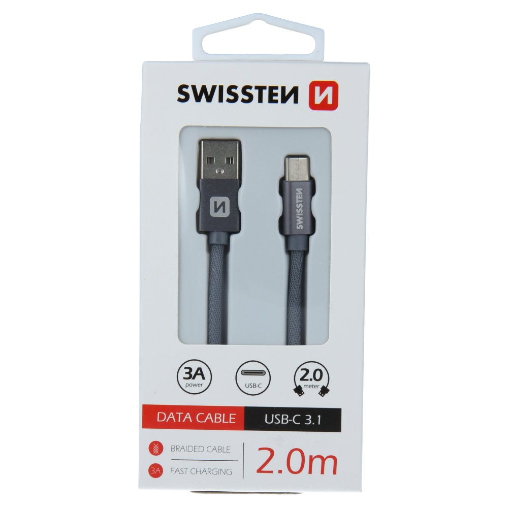 Cablu de date Swissten textil textil USB / USB-C 2,0 m gri thumb