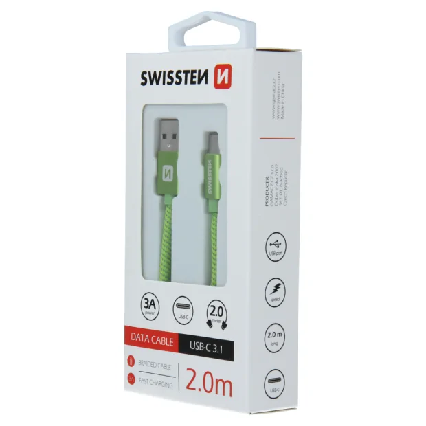 Cablu de date Swissten textil USB / USB-C 2,0 m verde