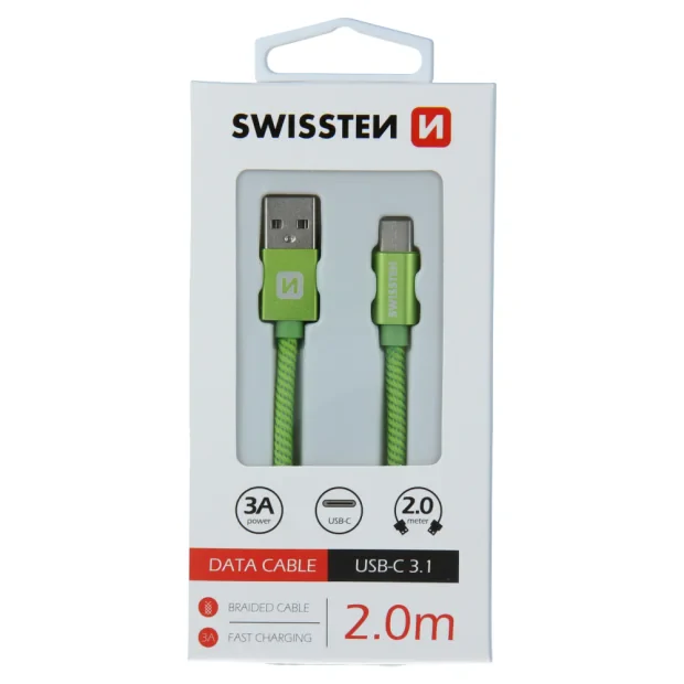 Cablu de date Swissten textil USB / USB-C 2,0 m verde