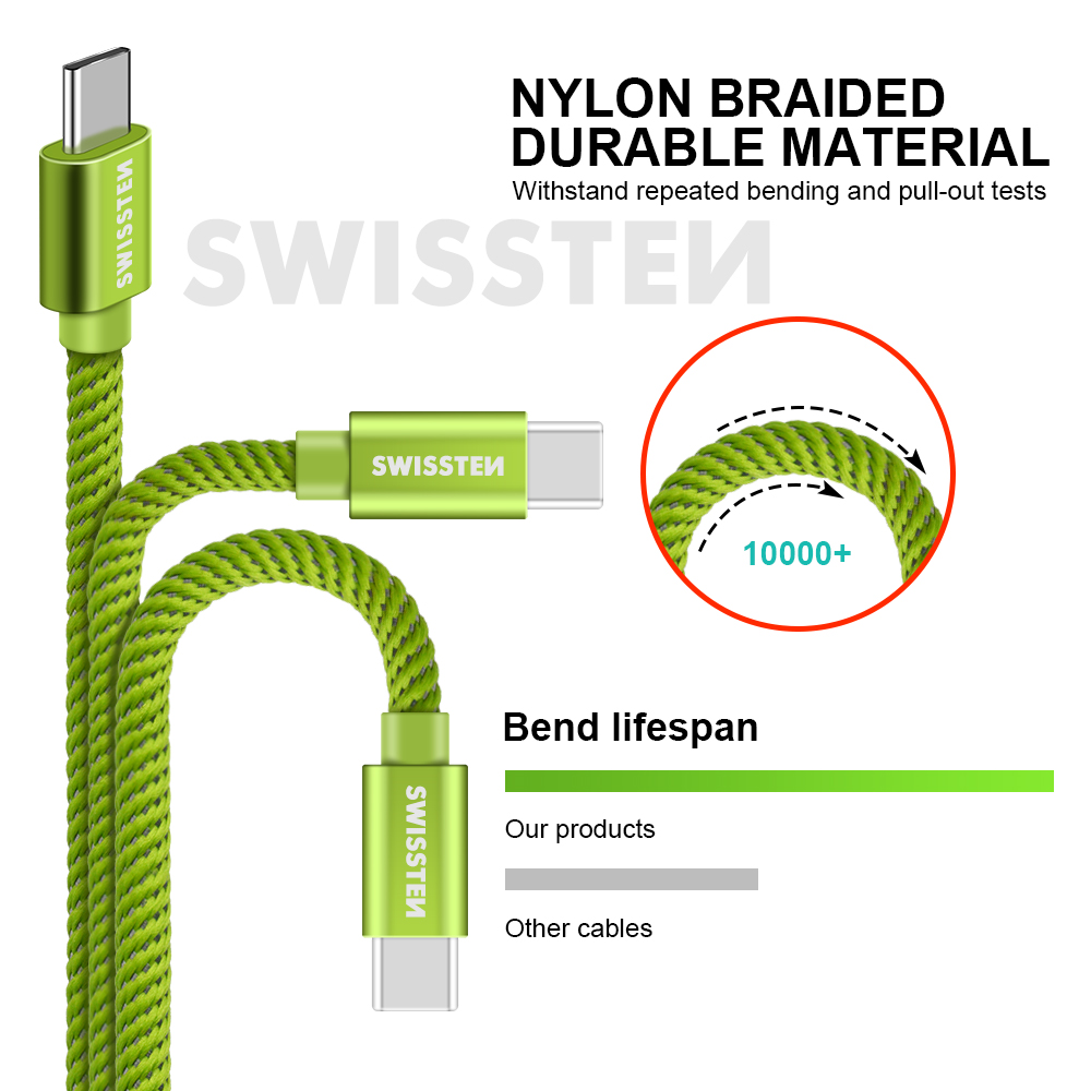 Cablu de date Swissten textil USB / USB-C 2,0 m verde thumb
