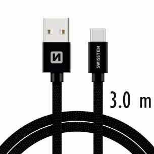 Cablu de date Swissten textil USB / USB-C 3,0 m Negru thumb