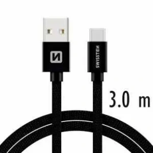 Cablu de date Swissten textil USB / USB-C 3,0 m Negru