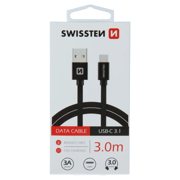 Cablu de date Swissten textil USB / USB-C 3,0 m Negru