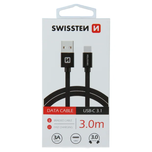 Cablu de date Swissten textil USB / USB-C 3,0 m Negru