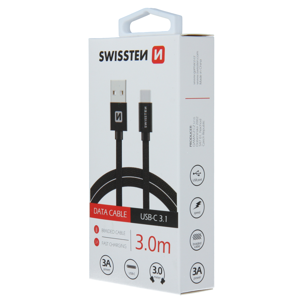Cablu de date Swissten textil USB / USB-C 3,0 m Negru thumb