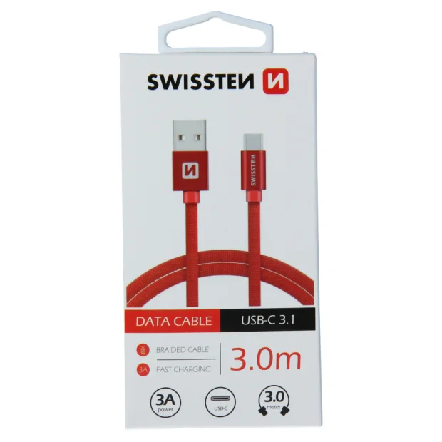 Cablu de date Swissten textil USB / USB-C 3,0 m Rosu
