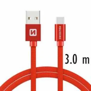 Cablu de date Swissten textil USB / USB-C 3,0 m Rosu
