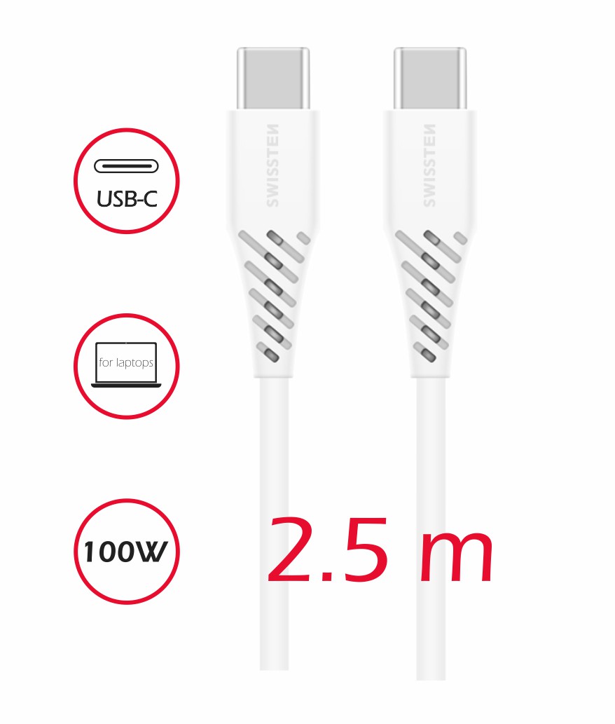 Cablu de date Swissten TPE USB-C/USB-C Putere de 5A (100W) 2,5 m Alb thumb