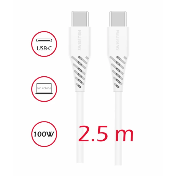Cablu de date Swissten TPE USB-C/USB-C Putere de 5A (100W) 2,5 m Alb