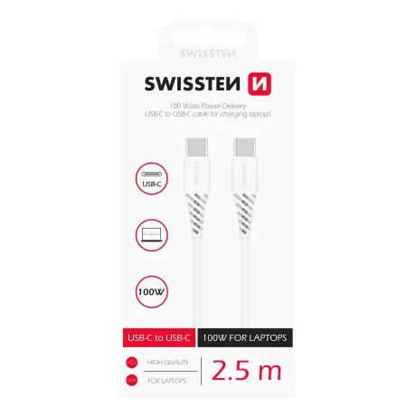 Cablu de date Swissten TPE USB-C/USB-C Putere de 5A (100W) 2,5 m Alb