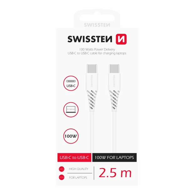 Cablu de date Swissten TPE USB-C/USB-C Putere de 5A (100W) 2,5 m Alb