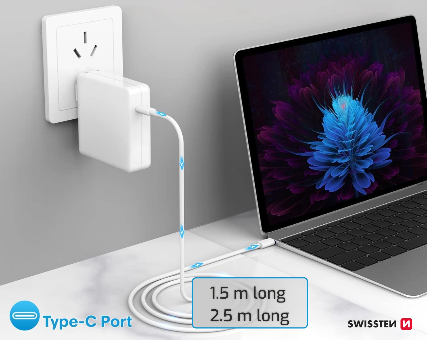 Cablu de date Swissten TPE USB-C/USB-C Putere de 5A (100W) 2,5 m Alb thumb