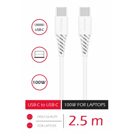 Cablu de date Swissten TPE USB-C/USB-C Putere de 5A (100W) 2,5 m Alb