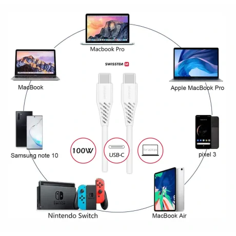 Cablu de date Swissten TPE USB-C/USB-C Putere de 5A (100W) 2,5 m Alb