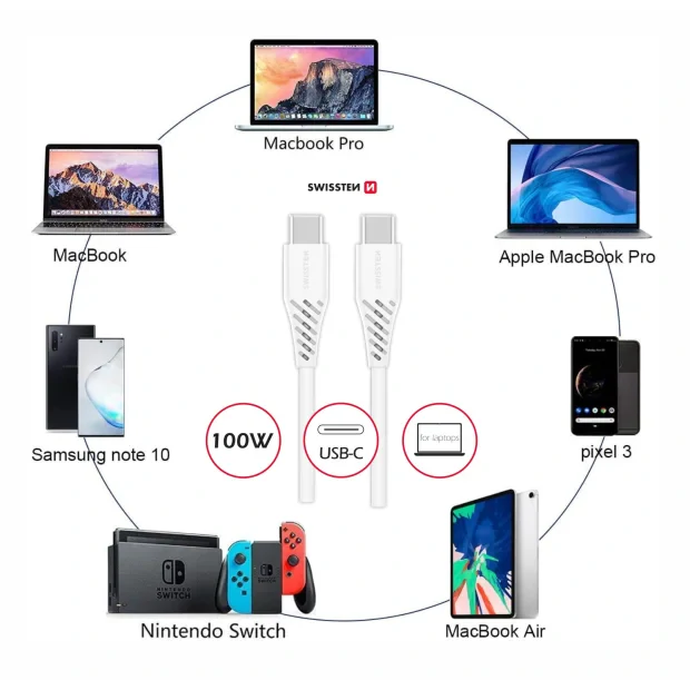 Cablu de date Swissten TPE USB-C/USB-C Putere de 5A (100W) 2,5 m Alb