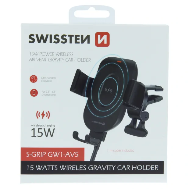 Suport auto gravity PRO ventilatia masinilor cu incarcare wireless 15W Swissten S-GRIP GW1-AV5