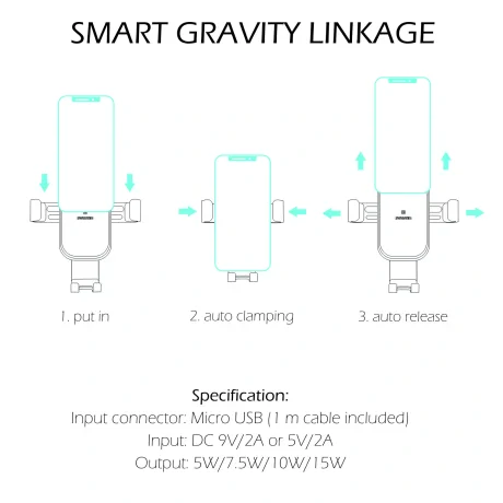 Suport auto gravity PRO ventilatia masinilor cu incarcare wireless 15W Swissten S-GRIP GW1-AV5