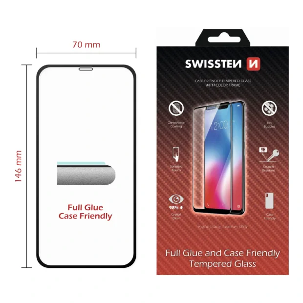 Swissten Glass Full Glue, cadru de culoare, Case friendly iPhone  11 Negru