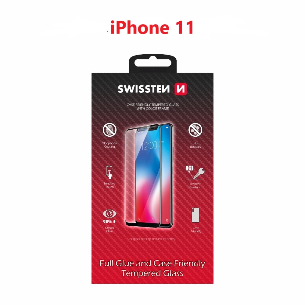 Swissten Glass Full Glue, cadru de culoare, Case friendly iPhone  11 Negru thumb
