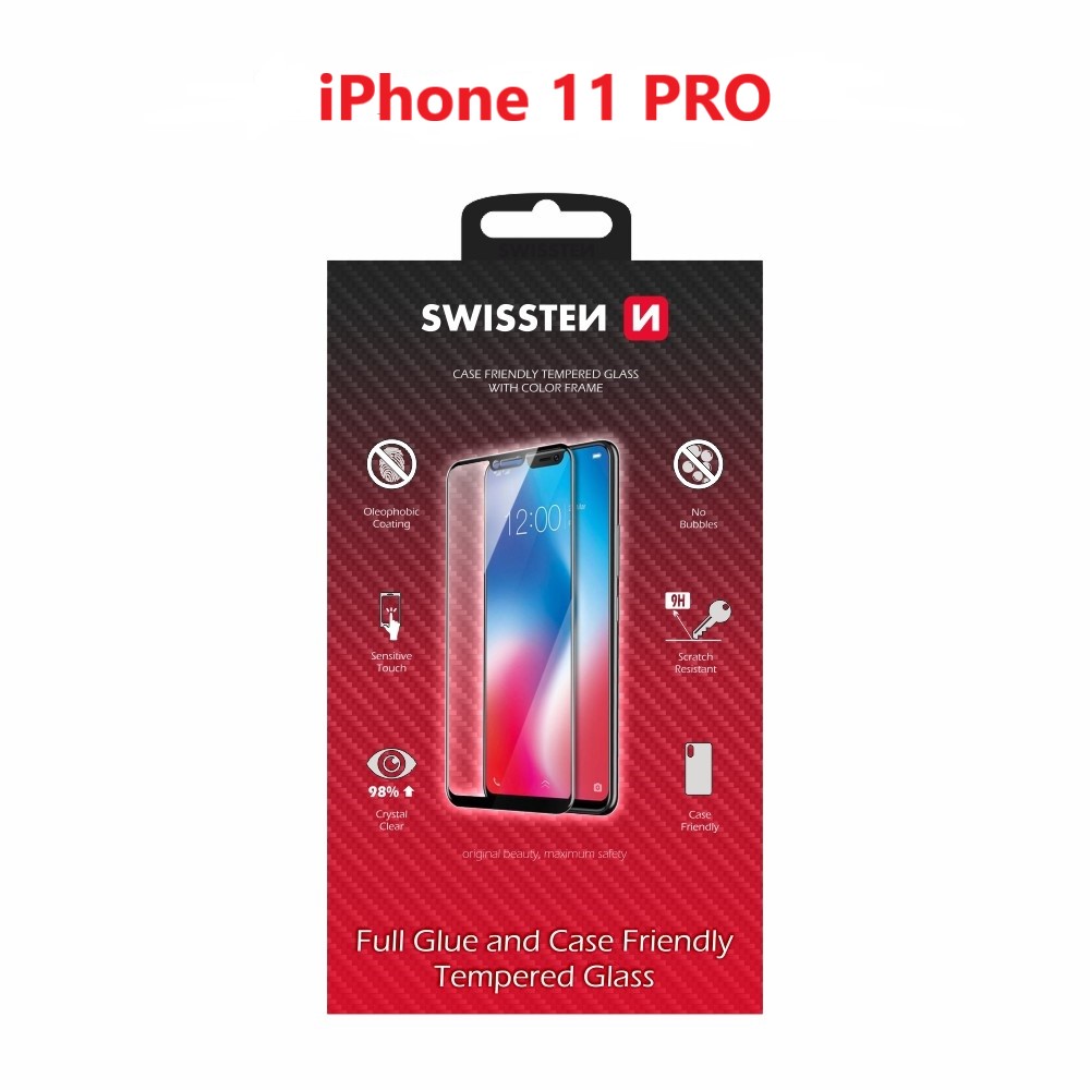 Swissten Glass Full Glue, cadru de culoare, Case friendly iPhone  11 PRO Negru thumb