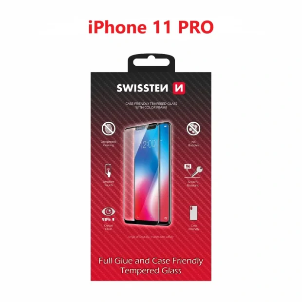 Swissten Glass Full Glue, cadru de culoare, Case friendly iPhone  11 PRO Negru