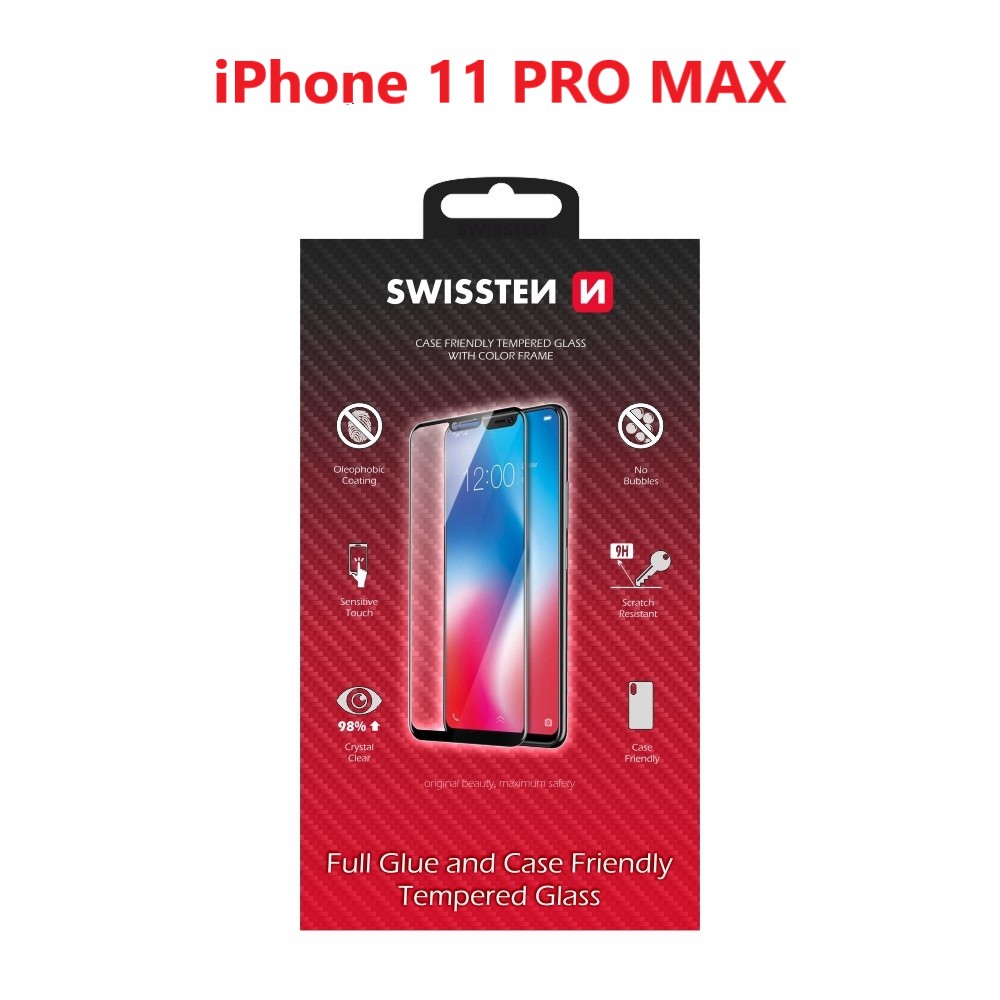 Swissten Glass Full Glue, cadru de culoare, Case friendly iPhone  11 PRO Max Negru thumb