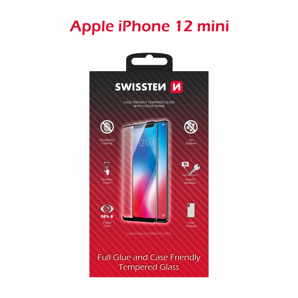 Swissten Glass Full Glue, cadru de culoare, Case friendly Apple iPhone  12 Mini Negru thumb