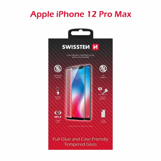 Swissten Glass Full Glue, cadru de culoare, Case friendly iPhone  12 PRO Max Negru