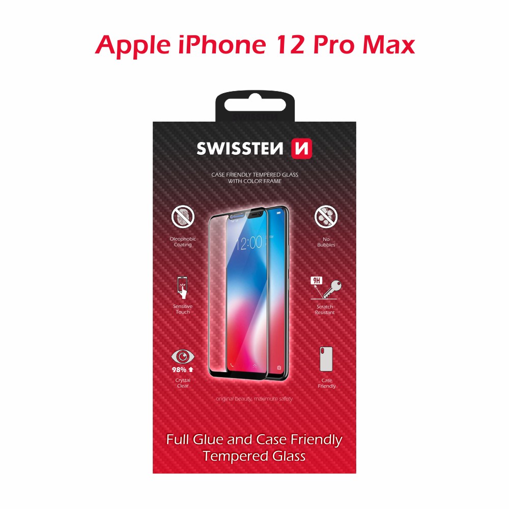 Swissten Glass Full Glue, cadru de culoare, Case friendly iPhone  12 PRO Max Negru thumb