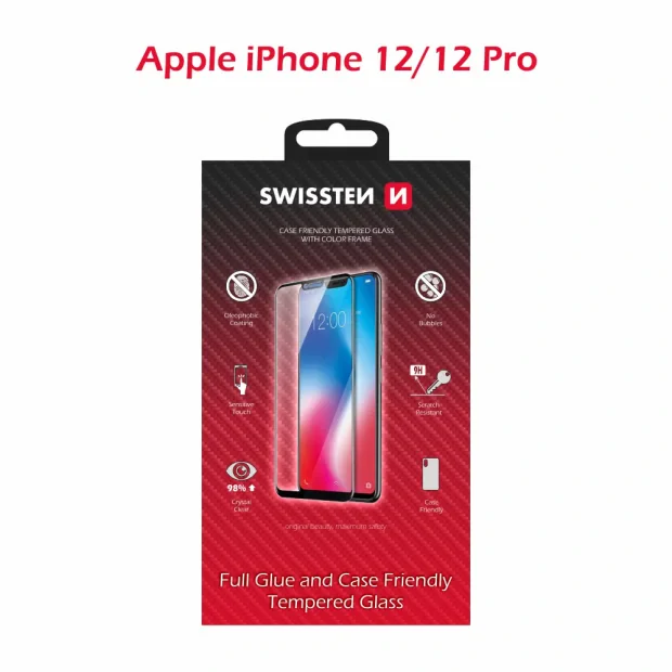 Swissten Glass Full Glue, cadru de culoare, Case friendly iPhone Apple iPhone 12/12 PRO Negru