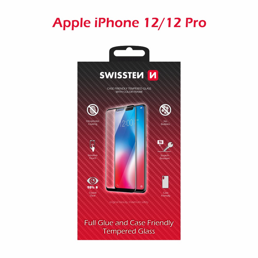 Swissten Glass Full Glue, cadru de culoare, Case friendly iPhone Apple iPhone 12/12 PRO Negru thumb