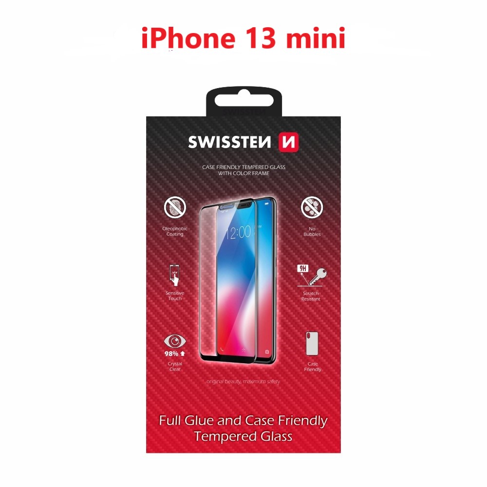 Swissten Glass Full Glue, cadru de culoare, Case friendly Apple iPhone  13 Mini Negru thumb