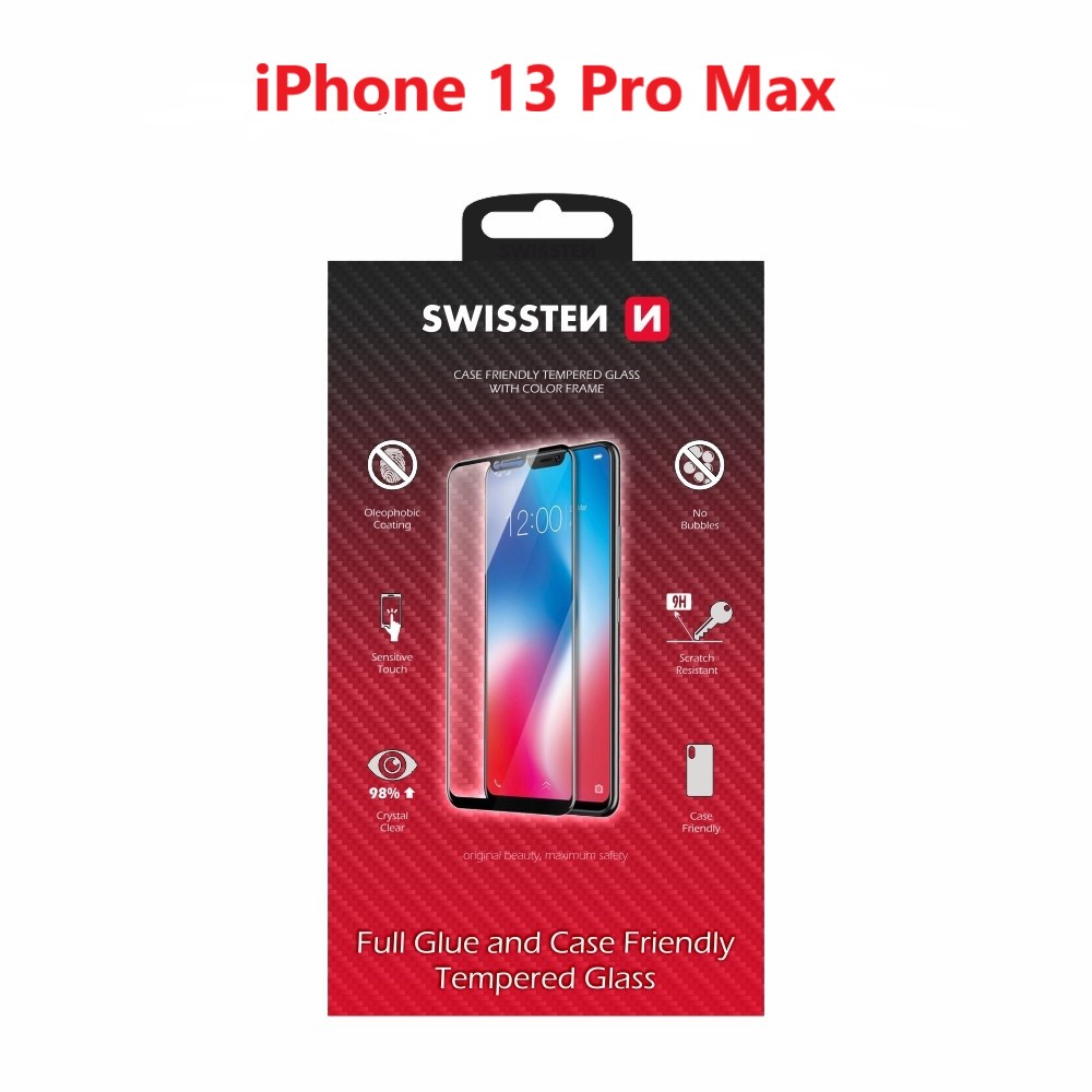 Swissten Glass Full Glue, cadru de culoare, Case friendly iPhone  13 PRO Max Negru thumb