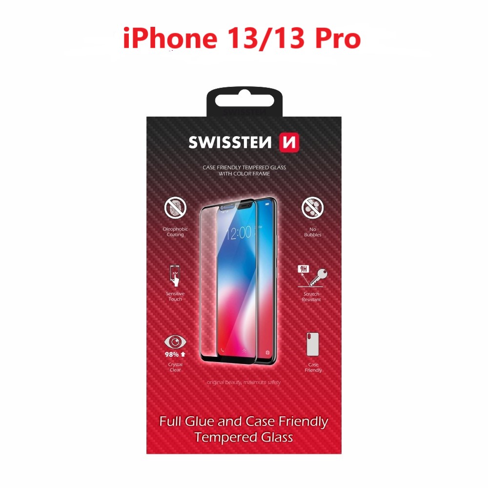 Swissten Glass Full Glue, cadru de culoare, Case friendly iPhone Apple iPhone 13/13 PRO Negru thumb