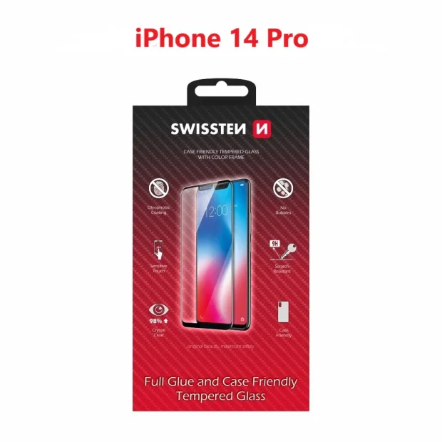 Swissten Glass Full Glue, cadru de culoare, Case friendly iPhone  14 PRO Negru