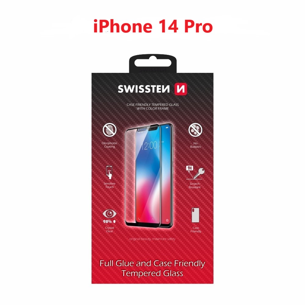 Swissten Glass Full Glue, cadru de culoare, Case friendly iPhone  14 PRO Negru thumb