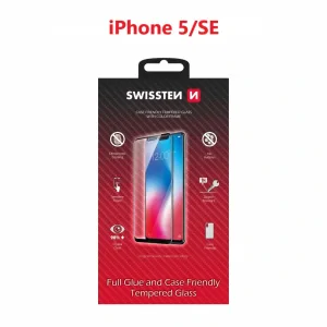 Swissten Glass Full Glue, cadru de culoare, Case friendly Apple iPhone 5/SE Alb