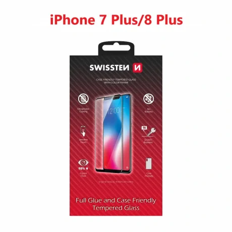 Swissten Glass Full Glue, cadru de culoare, Case friendly Apple iPhone 7 Plus/8 Plus Negru