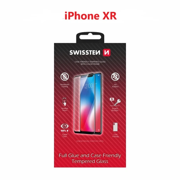Swissten Glass Full Glue, cadru de culoare, Case friendly Apple iPhone XR Negru