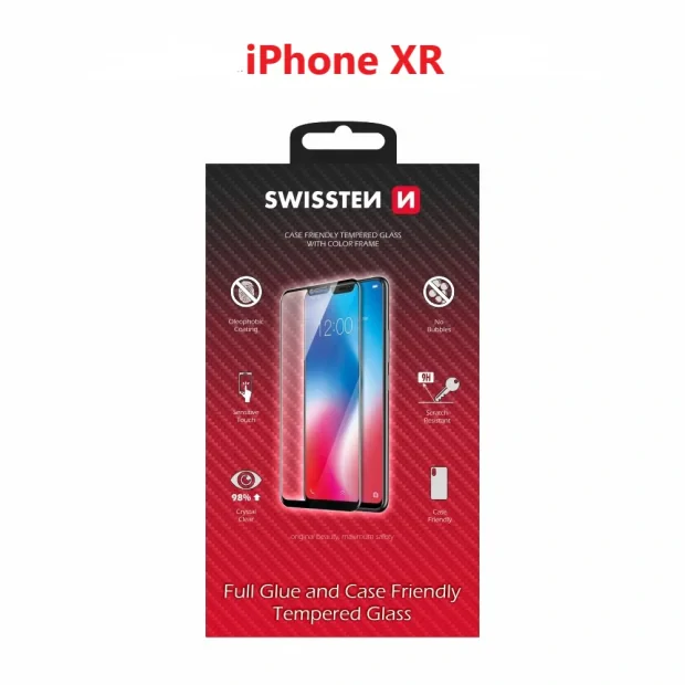 Swissten Glass Full Glue, cadru de culoare, Case friendly Apple iPhone XR Negru