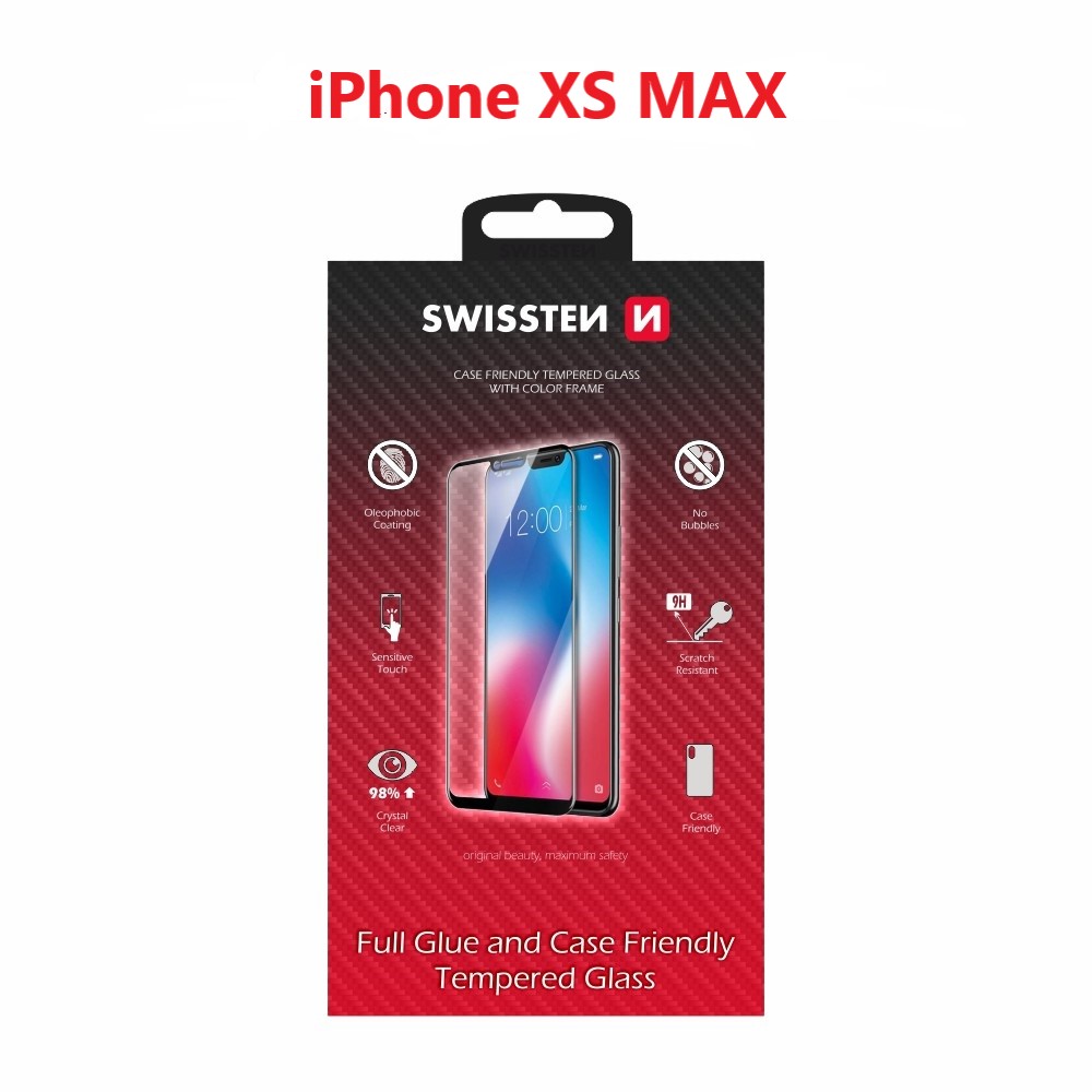 Swissten Glass Full Glue, cadru de culoare, Case friendly Apple iPhone XS Max Negru thumb