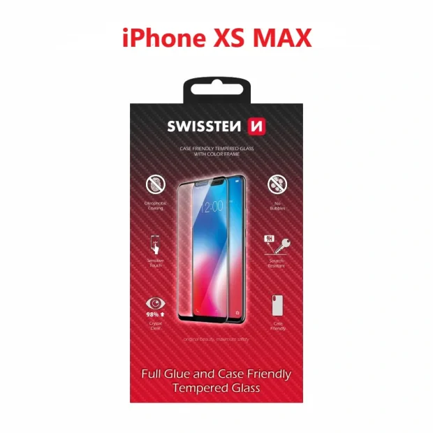 Swissten Glass Full Glue, cadru de culoare, Case friendly Apple iPhone XS Max Negru