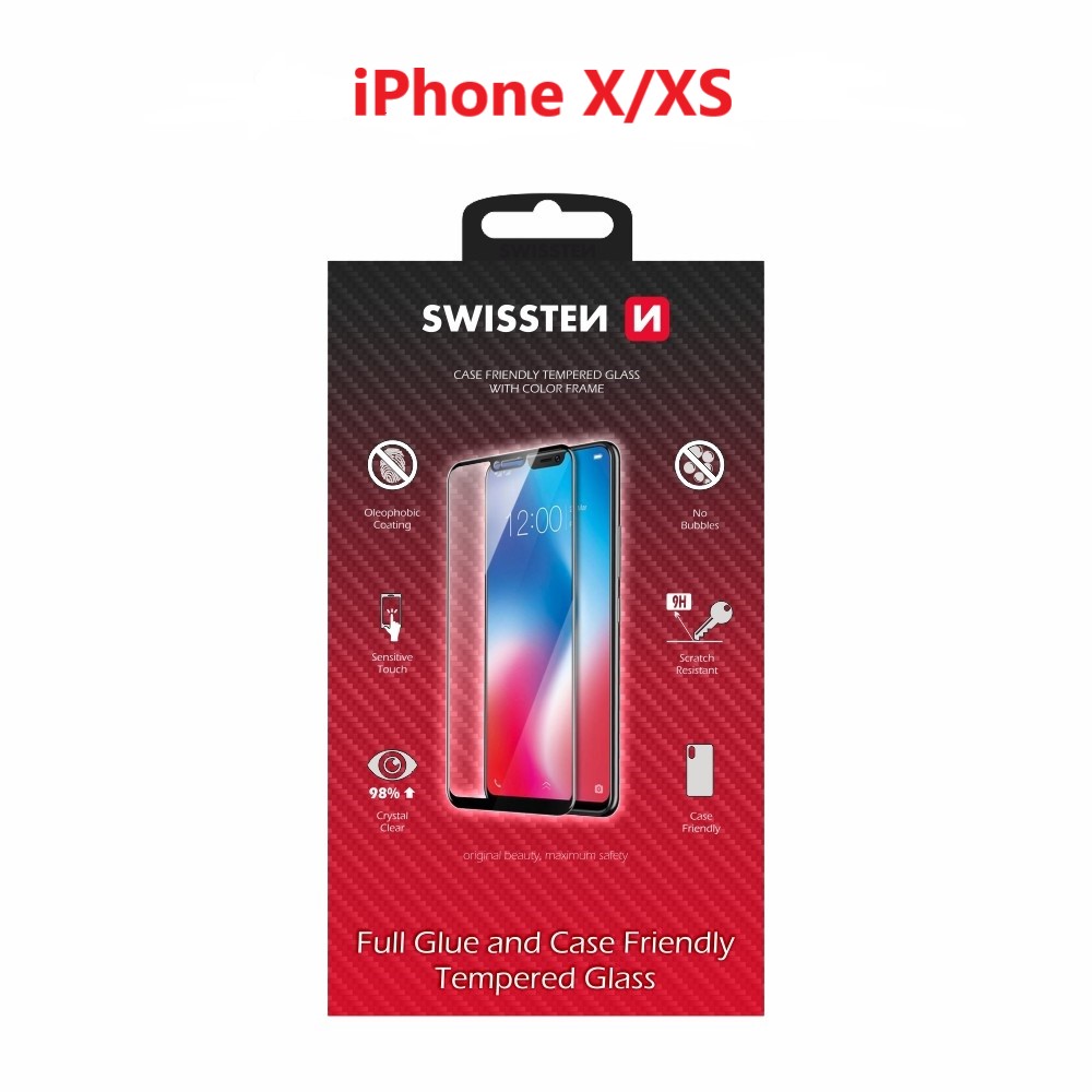 Swissten Glass Full Glue, cadru de culoare, Case friendly Apple iPhone X/XS Negru thumb