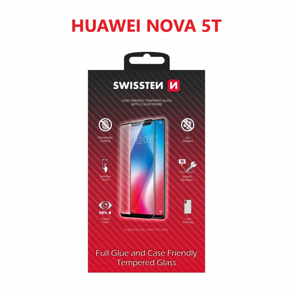 Swissten Glass Full Glue, cadru de culoare, Case frendly Huawei Nova 5t Negru thumb