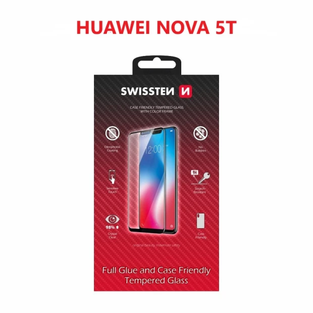 Swissten Glass Full Glue, cadru de culoare, Case frendly Huawei Nova 5t Negru