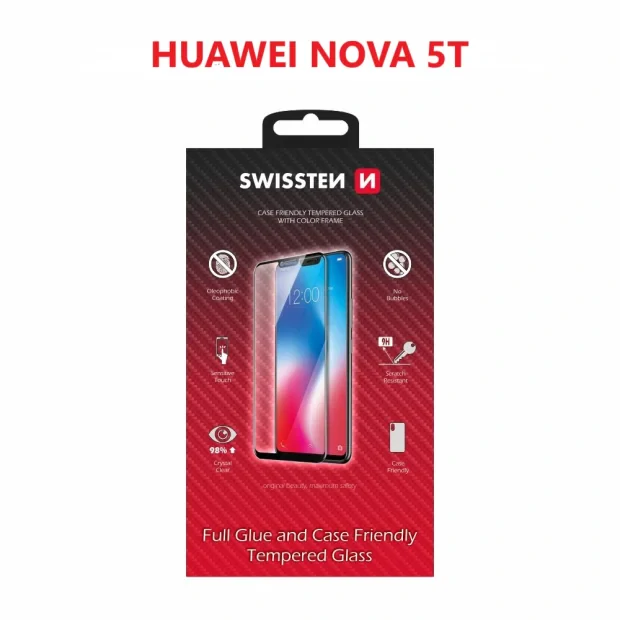 Swissten Glass Full Glue, cadru de culoare, Case frendly Huawei Nova 5t Negru