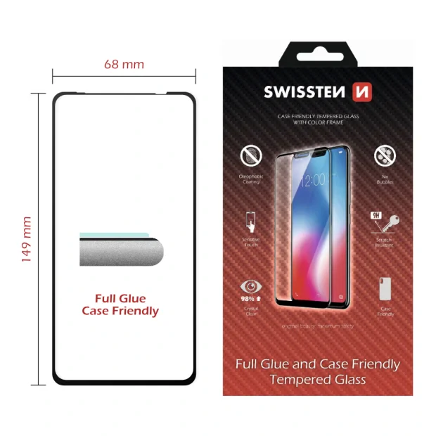 Swissten Glass Full Glue, cadru de culoare, Case frendly Huawei Nova 5t Negru