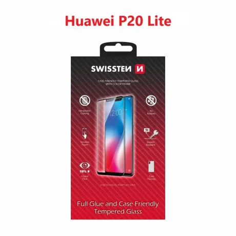 Swissten Glass Full Glue, cadru de culoare, Case friendly Huawei P20 Lite Negru